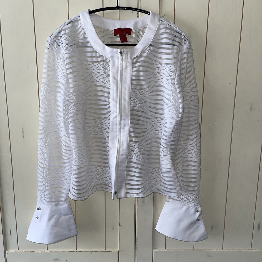 JS Collections White Zip Flare Long Sleeve See Through Top Versatile Sz 12